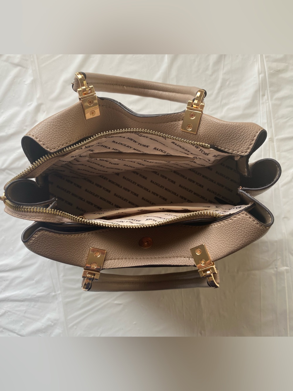 Badgley Mischka Taupe Pebbled Faux Leather Structured Satchel Handbag - Picture 4 of 12
